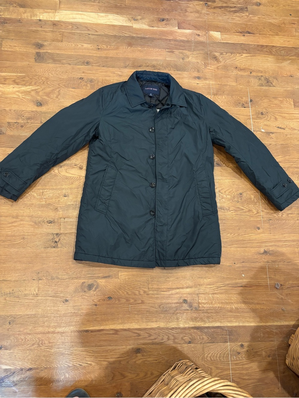 Lands' End Black Puffer Jacket - Classic Button Front